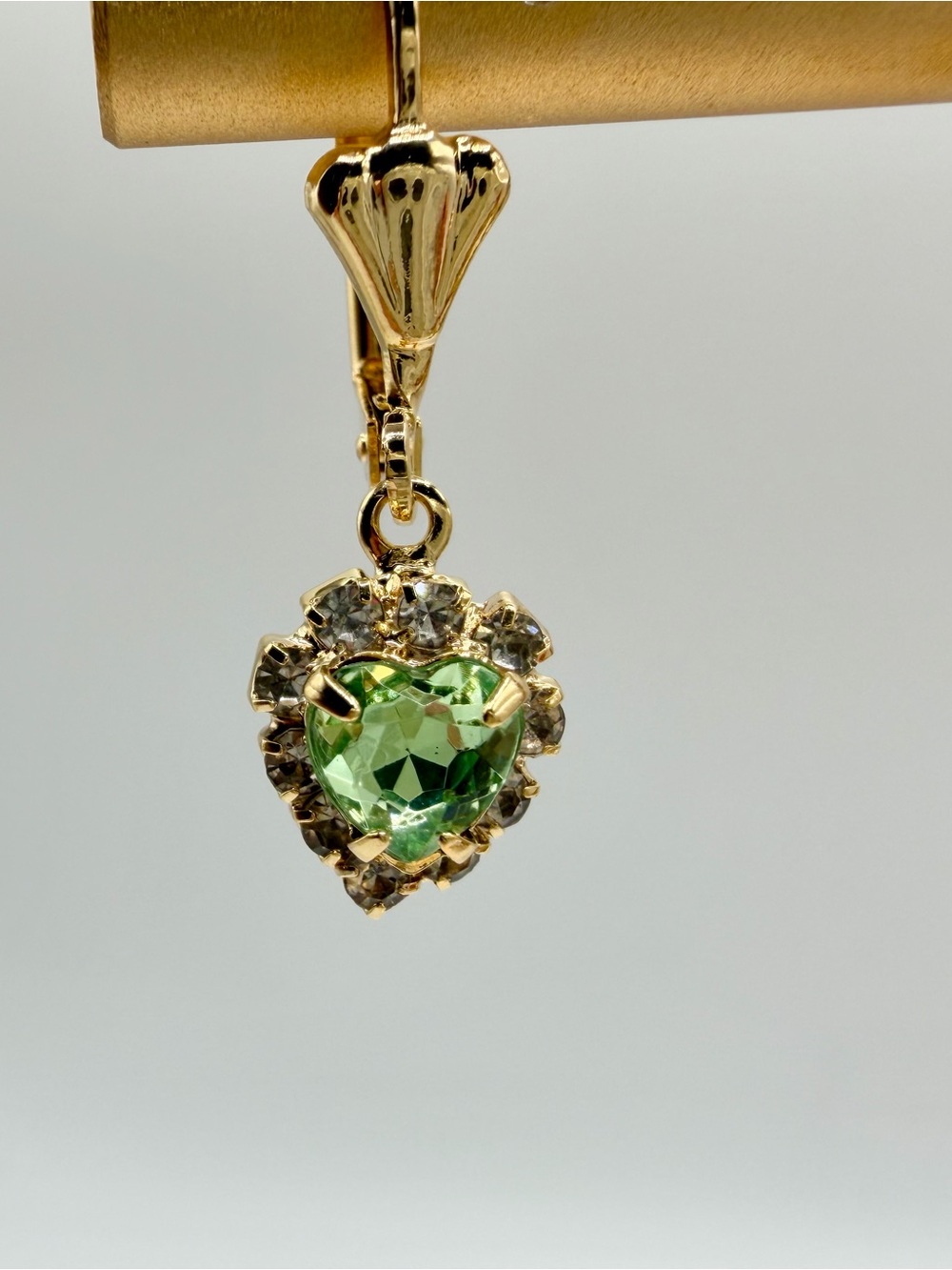 Gold Plated Heart Drop Earrings with Peridot Green Crystal Center - Picture 5 of 6
